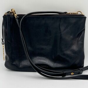 Fossil 1954 Collection Black Leather Crossbody Bag Gold Key Charm Retro Vacation